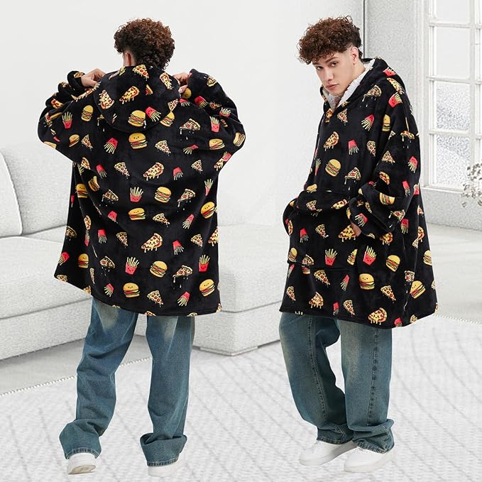 Wearable Blanket Hoodie for Adult,Oversized Sherpa Fleece Blanket Hoodie for Women Men,Hamburger Pizza