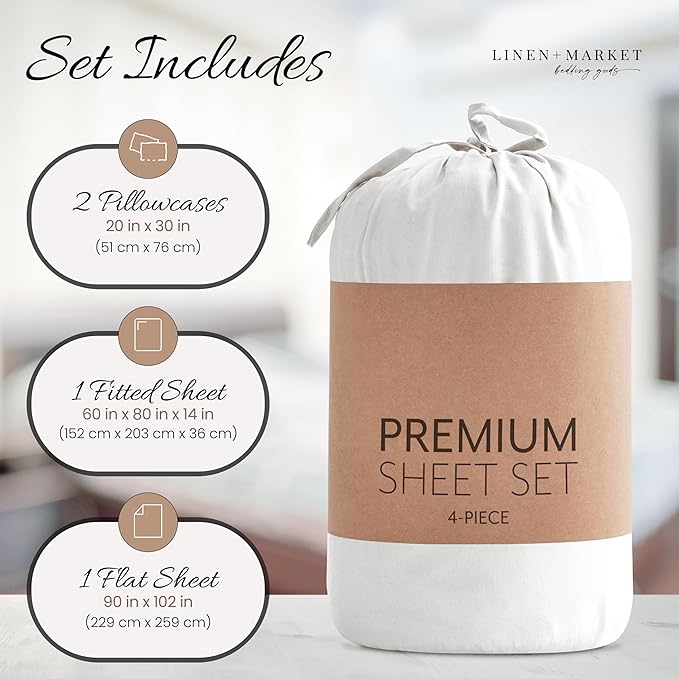 Linen Market Brushed Microfiber Queen Sheet Set 4 Piece – Oeko-TEX Certified Ultra Soft & Wrinkle-Free - 16" Deep Pocket Sheets - Easy Care Queen Size - White