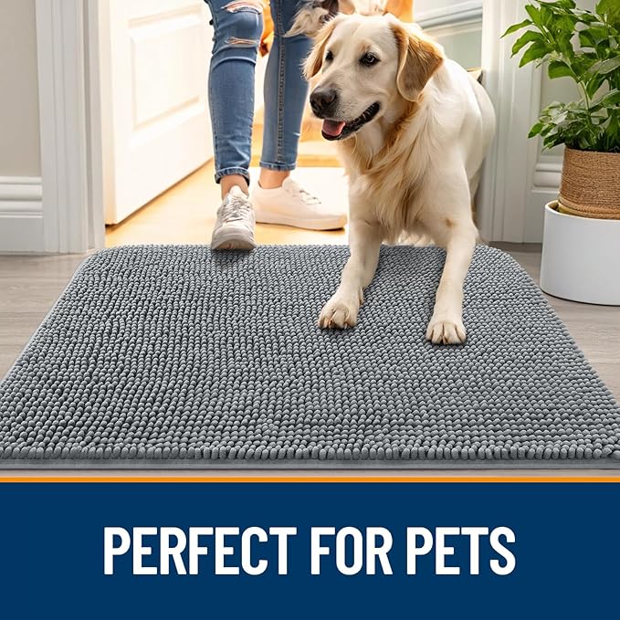 OLANLY Dog Door Mat for Muddy Paws 59x20, Absorbs Moisture and Dirt, Absorbent Non-Slip Washable Doormat, Quick Dry Chenille Mud Mat for Dogs, Entry Indoor Entryway Carpet for Inside Floor, Grey