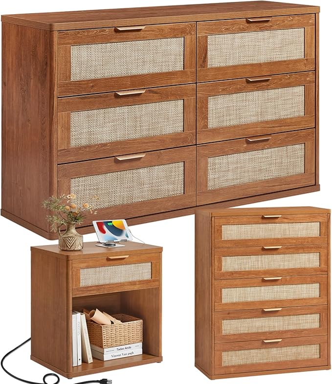 LEYAOYAO Rattan Dresser and Nightstand Set of 3, Boho Wood Dresser for Bedroom with 6 Drawers and Night Stand with Charging Station, Bedroom Furniture, Dressers & Chests of Drawers,Hallway,Living Room