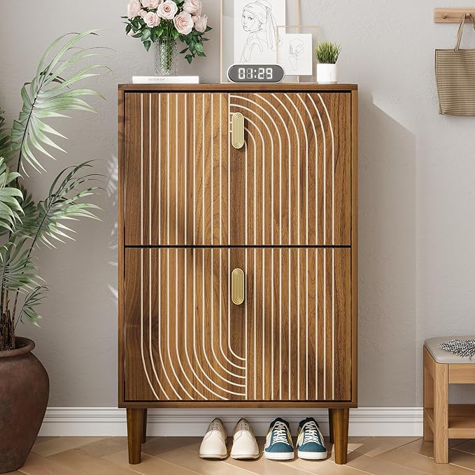 Vibe & Dine Modern Shoe Cabinet with 2 Flip Drawers & Gold Handles, Slim Space-Saving Entryway Shoe Storage Organizer, Freestanding Wood Shoe Rack Cabinet for Hallway, Bedroom, Living Room, Brown