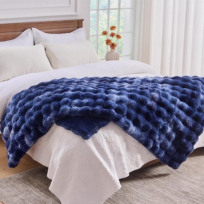 BENVWE Fluffy Faux Fur Throw Blanket for Couch, Soft Plush Thick Cozy Fuzzy Luxury Minky Bubble Blanket for Home Living Room Decor Gift for Women, Tie-dye Blue, 51" x 63", 1100GSM