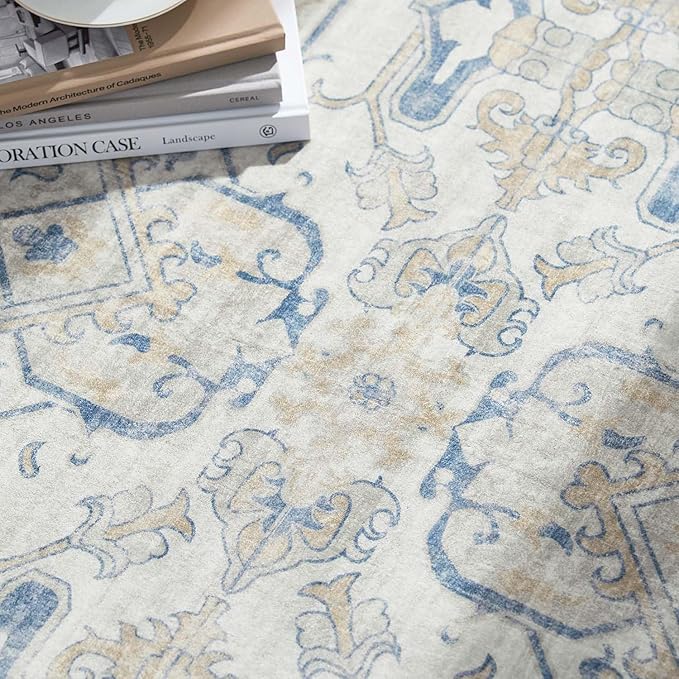 jinchan Round Rug 7ft Area Rug Vintage Floor Mat Kitchen Indoor Ultra-Thin Soft Floral Print Washable Circle 7' Accent for Farmhouse Non Slip Dining Room Living Room Bedroom Office Blue