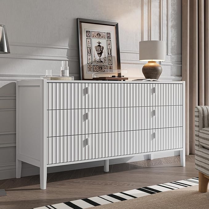 6 Drawer Dresser, Modern Chest of Drawers for Bedroom, Wood Fluted Dresser Organizer with Deep Drawers for Clothes, Nightstand for Bedroom, Hallway, Living Room, Entryway, White