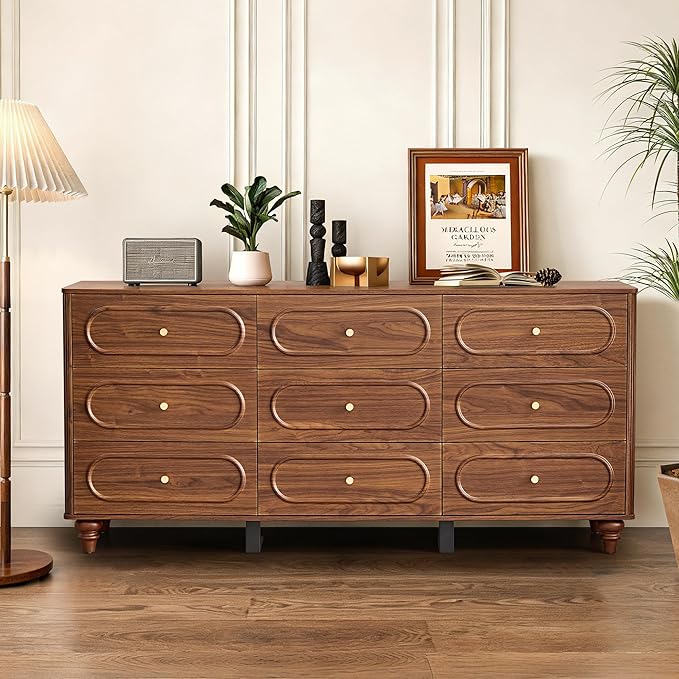 9 Drawer Fluted Dresser for Bedroom, Mid Century Modern Chest of Drawers, Wood Storage Small Dresser Organizer for Bedroom Living Room Hallway Closet, Walnut