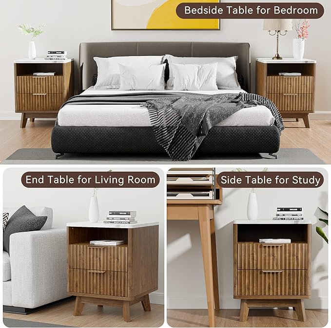 Fluted Nightstand with 2 Drawers, 18" Modern Night Stand with Faux Marble Top, Open Storage Shelf, Curved Edge Bedside Table for Bedroom, End Side Table (1, Walnut)