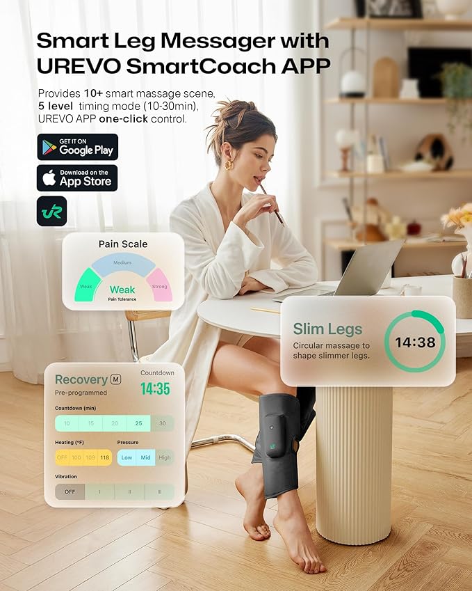 UREVO Smart Calf Massager with AI Massage Adaptation, Air Compression – Cordless Leg Massager for Circulation, Relaxation & Leg Sculpting – 3 Modes & 3 Intensities, Adjustable Heat, Long Battery