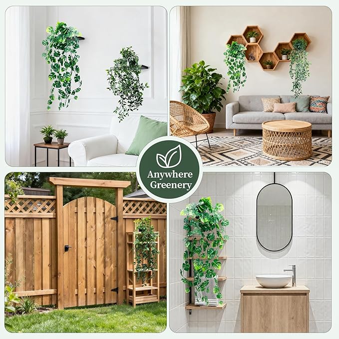 Artificial Hanging Plants for Shelf, Fake Potted Greenery 2-Pack Faux Mandala and Monstera Leaves Vines in Black Pot, Décor for Office Living Room Bathroom Indoor Outdoor
