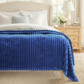decorUhome Christmas Soft Fleece Navy Blue Blanket King Size for Bed, Cozy Fluffy Plush Flannel Large Striped Throws for Couch Sofa, Lightweight Decorative Fuzzy Blanket for Woman, 108x90 Inches