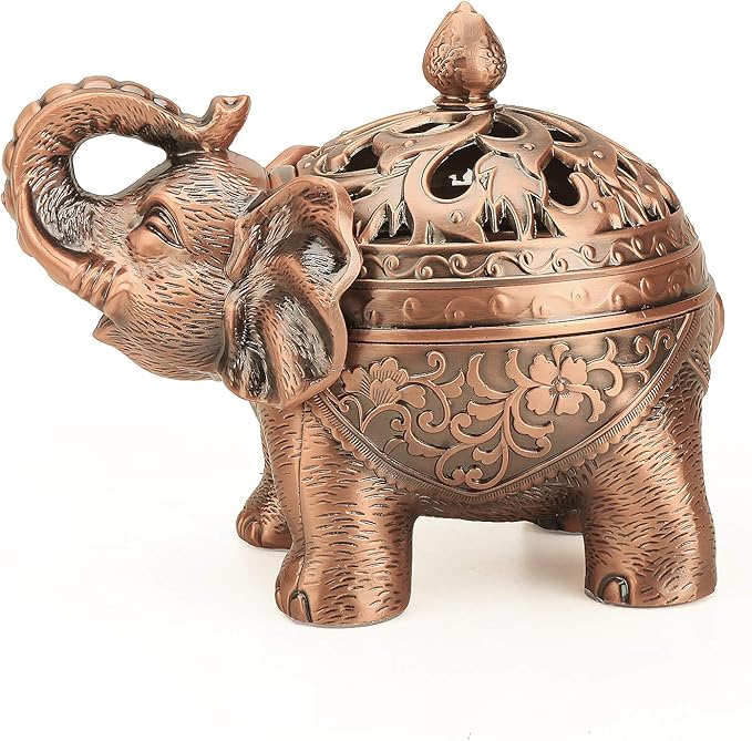 K COOL Alloy Incense Holder Stand Elephant Cone Coil Incense Burner Ash Catcher with Lid, Aromatherapy Ornament Home Decoration for Indoor Outdoor (Red Copper)