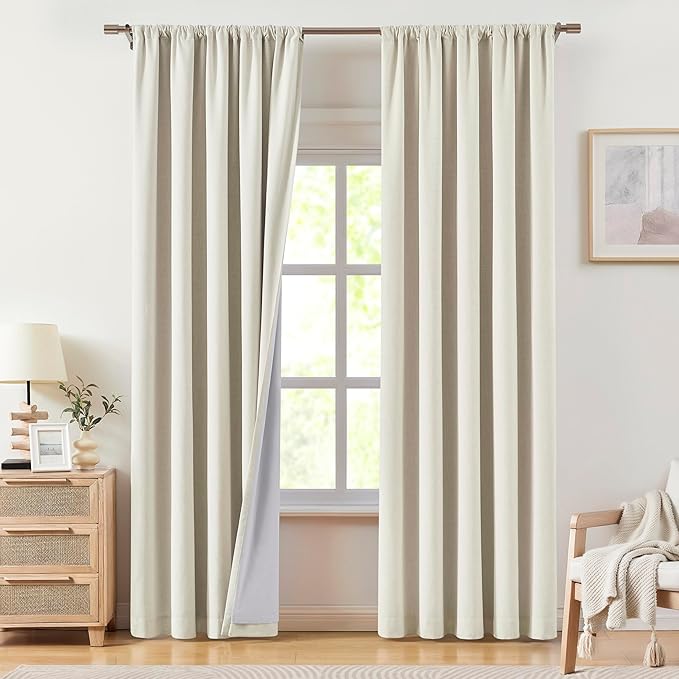 Vision Home Natural Linen Full Blackout Curtains for Bedroom Living Room Darkening Soundproof Window Curtains 102 inch Thermal Insulated Rod Pocket Back Tab Linen Drapes 2 Panels 56" Wx102 L