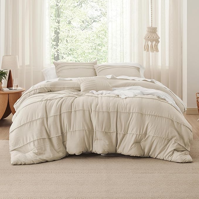 Bedsure King Comforter Set - 4 Pieces Pinch Pleat Bed Set, Linen Boho Bedding for All Season, 1 Soft Comforter, 2 Pillowcases, 1 Decorative Pillow