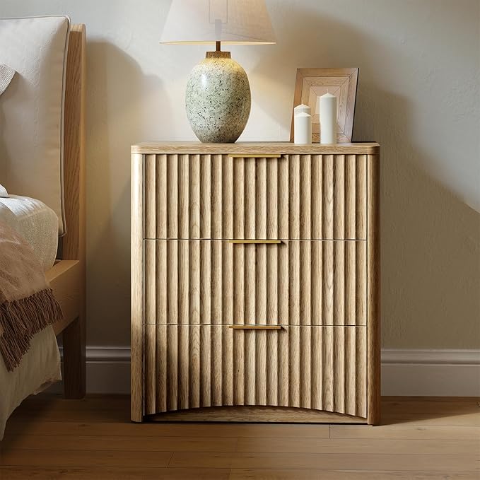 Evermagin Fluted Nightstand Set of 2, Natural Oak Bedside Table with 3 Drawers, Wood End Table with Storage Mid Century Modern, Large Night Stand for Bedroom