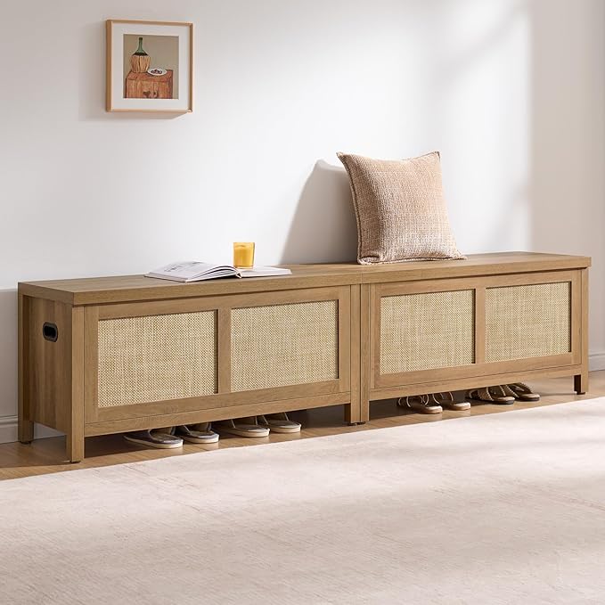 SICOTAS Rattan Storage Chest - 39.4" Storage Bench for Bedroom, Boho Storage Truck with 2 Safety Hinges and Flip Top for Living Room Entryway, Supports 220 lb, Oak