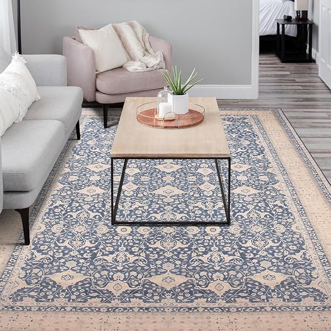vivorug 4x6 Rug, Small Area Rug for Living Room, Bedroom, Kitchen, Machine Washable Non-Slip Throw Rug, Vintage Floral Carpet for Entryway Nursery Dinner Room - Durable (Blue)