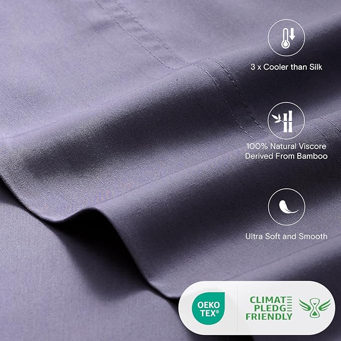 LuxClub Queen Sheet Set, 100% Rayon Derived from Bamboo Cooling Sheets, Breathable & Soft Deep Pocket Up to 16", Hotel Luxury Silky Sheets Queen Size, Light Grey