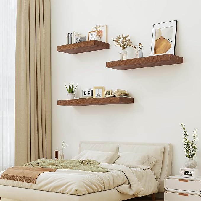 Heimlove Walnut Bathroom Shelf Floating Shelves for Over Toilet Long Wall Mounted Modern Farmhouse,48 x 12 with Invisible Brackets for Living Room, Kitchen, Bedroom