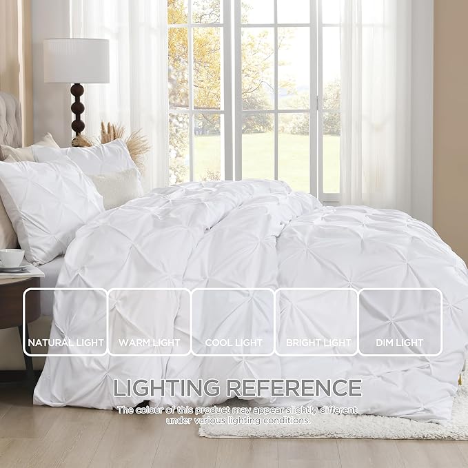 Litanika White Oversized King Pinch Pleat Duvet Cover, 3 Pieces Pintuck Cover Soft Microfiber Bedding Set with Zipper Closure & Corner Ties(1 Duvet Cover, 2 Pillowcases)
