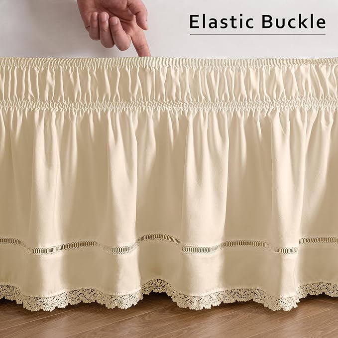 MIYE Wrap Around Ruffled Lace Bed Skirt, Elastic Dust Ruffle with Adjustable Belts, Easy to Put On, Bed Frame Cover, Machine Washable (Floral Lace/Light Beige, King/Queen-18 Drop)