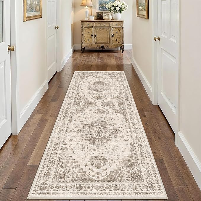 2x6 Hallway Washable Runner Rug Vintage Non-Slip Soft Kitchen Mat Boho Medallion Distressed Farmhouse Carpet Floral Low Pile Indoor Throw Rug for Entryway Bathroom Living Room Bedroom, Taupe