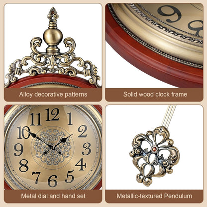 Vintage Wall Clock with Pendulum, 16 Inch Large Retro Metal and Glass Silent Clock for Living Room, Antique Wood Pendulum for Dining Room Office Home Decor