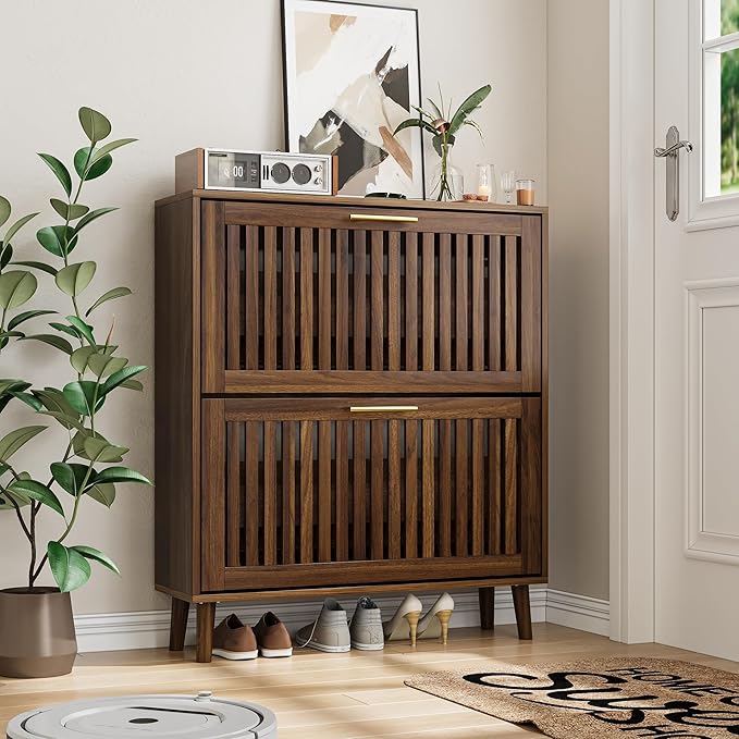 Vibe & Dine Shoe Cabinet with 2 Flip Drawers, Narrow Shoe Rack with Gold Handles, Free Standing Shoe Storage Cabinet for Entryway Slim, Wood Shoe Organizer Cabinet for Hallway, Bedroom, Walnut