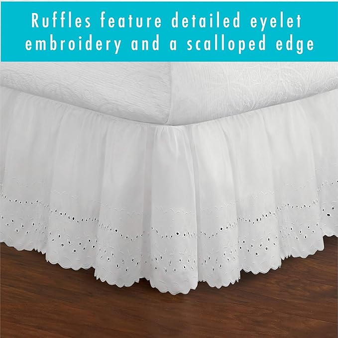 Fresh Ideas Eyelet Bed Skirt, Ruffled Design, 18 Inch Drop, Embroidered Scalloped Edge, King, White
