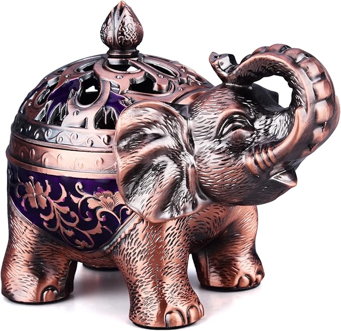 K COOL Metal Backflow Incense Holder Elephant Cone Incense Burner Candle Holder with Lid, Aromatherapy Ornament Home Office Decoration for Indoor Outdoor (Purple)