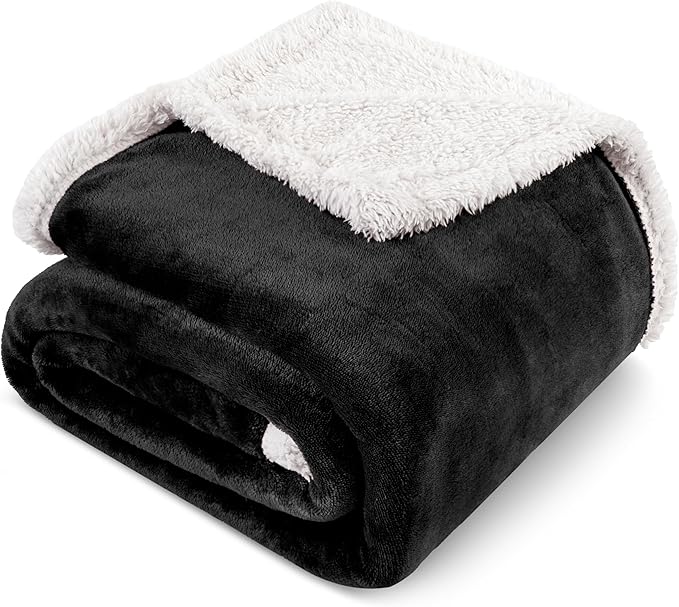 PAVILIA Sherpa Fleece Throw Blanket for Couch, Black, Plush Soft Fuzzy Sofa Blanket, Cozy Reversible Winter Throw for Women Men, 50x60 Inches