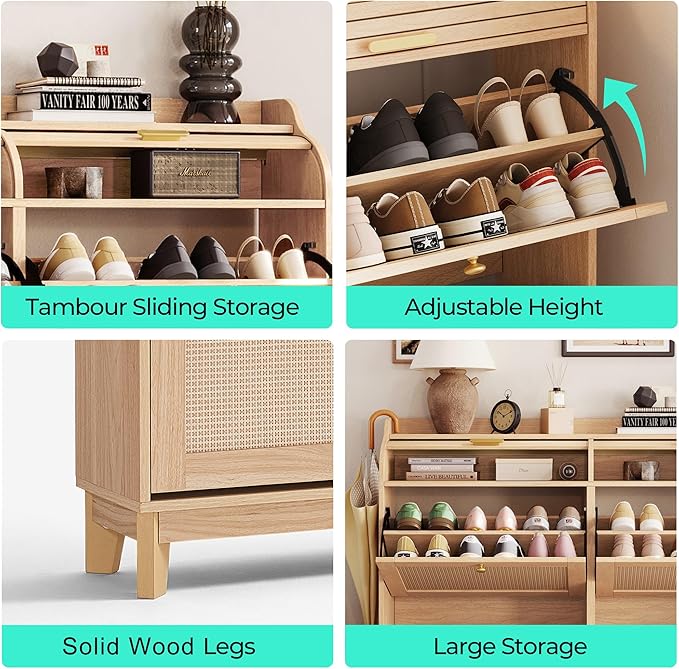 LINSY Shoe Storage Cabinet, Rattan Shoe Cabinet Wood Shoes Rack Cabinets with Sliding Tambour Door, Large Flip Drawer Shoe Cabinet Boho Hidden Shoe Storage for Entryway, Front Door, Hallway, Oak