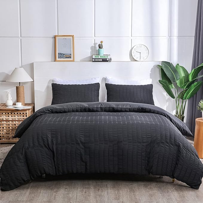 AveLom Seersucker Duvet Cover Set Full Size (80 x 90 inches), 3 Pieces (1 Duvet Cover + 2 Pillow Cases), Black Ultra Soft Washed Microfiber, Textured Duvet Cover with Zipper Closure, Corner Ties