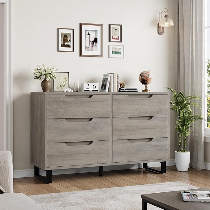 GarveeHome 6 Dresser for Bedroom, 47.2 in Wide Dresser, Freestanding Vertical Drawer Cabinet with Storage, Wooden Closet Storage Chest for Living Room, Hallway, Entryway, Ash Grey
