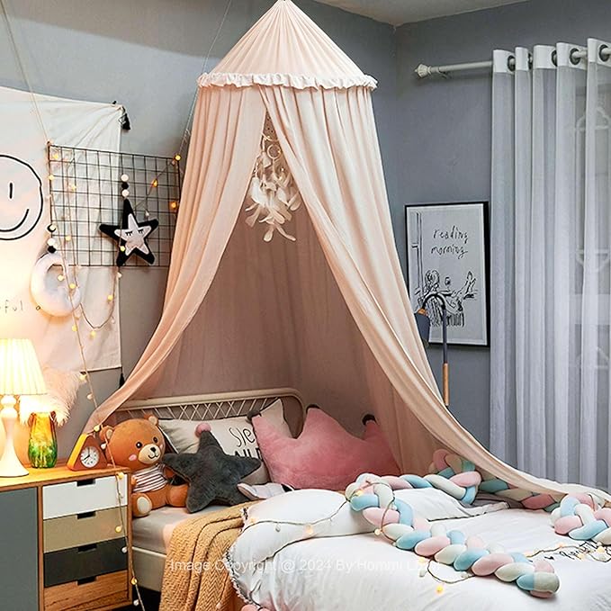 Bed Canopy for Girls, Dreamy Frills Ceiling Hanging Princess Canopy Bedroom Decoration Soft Canopy Net Reading Nook, Extra Large Full Queen Size Bed Canopies - Light Pink