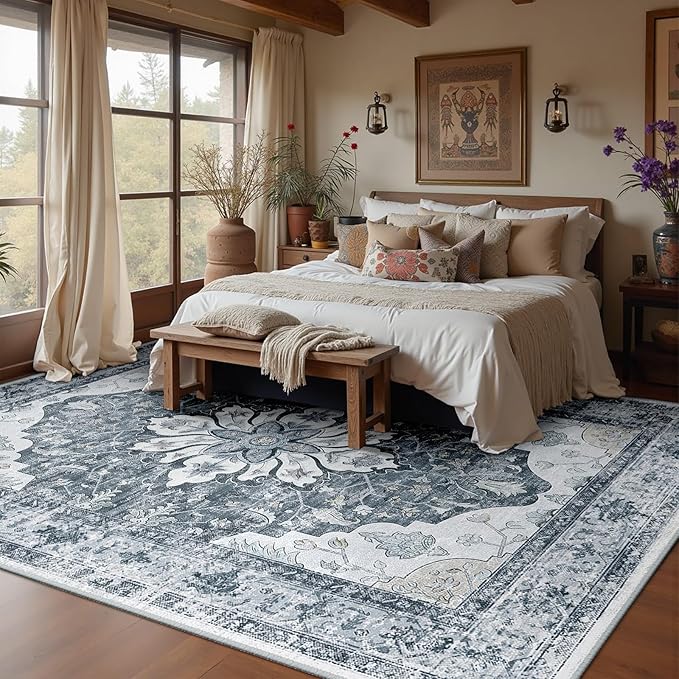 Area Rugs Square 8ft Washable Non-Slip, Floral Vintage Distress Print Pattern Medallion Carpet for Living Room Bedroom Dining Room, Light Gray Grey White