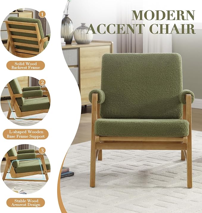 HEAH-YO Modern Accent Chair, Upholstered Boucle Fabric Living Room Chair with Wooden Frame, Comfy Armchair with Thick Cushion for Bedroom Balcony, Green