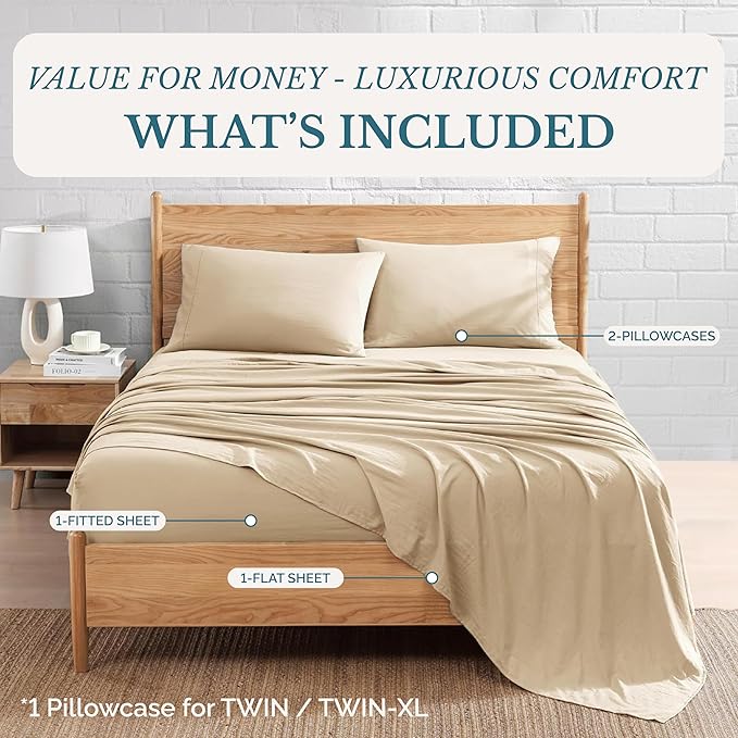 Casa Platino Cooling King Bed Sheets – 4 Piece Set, Pre-Washed Ultra Soft Microfiber, Cozy & Breathable Sheet Set, Deep Pocket Fitted Sheet for King Mattress, Brushed Fabric Finish - Linen Color