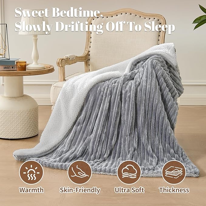 Electric Heated Blanket Twin Size - 62"x84" Fast Heating Bed Blankets with 6 Heating Levels & 10 Hours Auto Off, Soft Ribbed Flannel Sherpa, Over-Heated Protection ETL, Light Gray