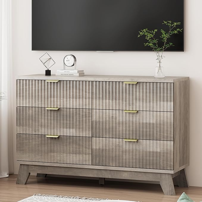 Fluted Dresser for Bedroom with 6 Drawers, 48" Wide Modern Chest of Drawers with Metal Handle, Wooden Dresser TV Stand, Wood Closet Clothes Storage Organizer for Living Room, Hallway, Grey