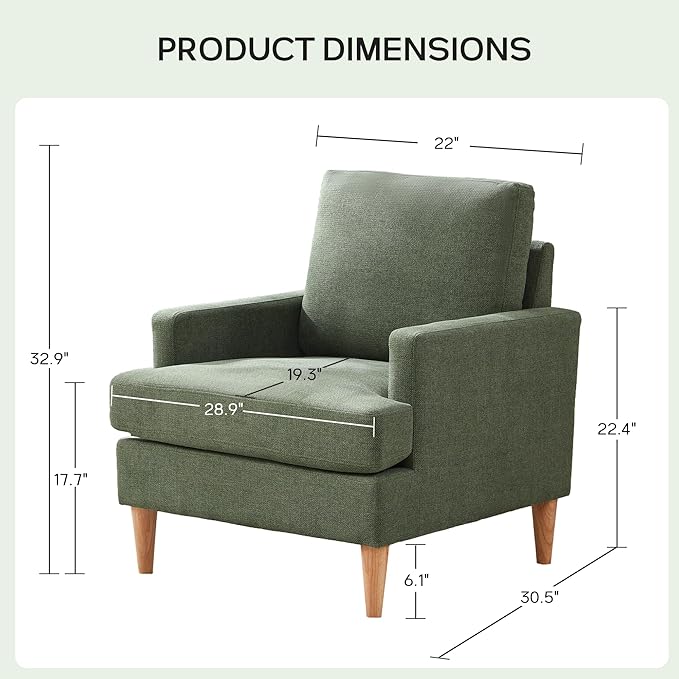 VKNOW Mid-Century Accent Chair, No Tools Assembly Required, Modern Upholstered Polyester Armchair for Living Room,Comfy Reading Accent Chairs with Wood Legs for Bedroom, Green