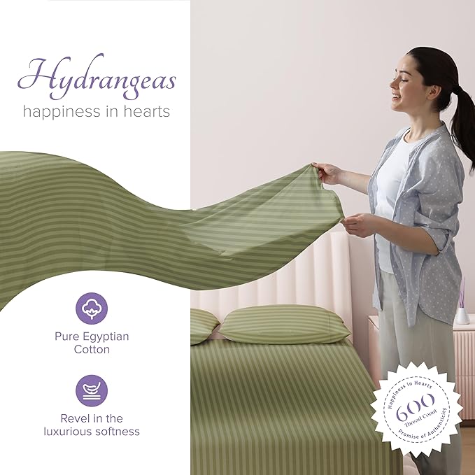 Carressa Linen Luxury Egyptian Cotton California King Stripe Sheet Set - 600 Thread Count Extra Long Staple 4 PC Set, Cal King Damask Sheets, Soft, Cooling Sheets Upto 18 in Deep Pocket - Herb Garden