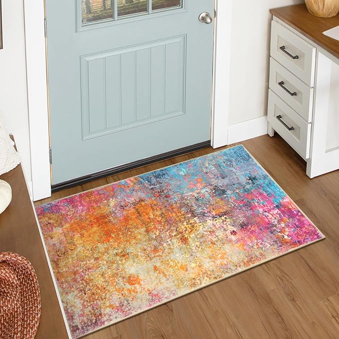 Lahome Modern Abstract Area Rug - 2x3 Small Kitchen Rug Washable Rugs for Entryway Colorful Bathroom Rug Non Slip, Rainbow Contemporary Front Indoor Doormat Floor Throw Carpet for Bedroom