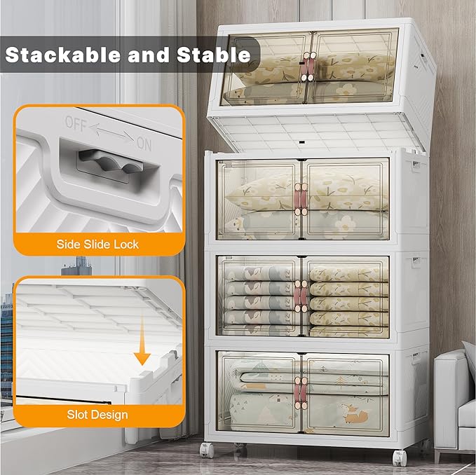 Extra Large Stackable Storage Bins with Lids & Wheels & Door, 1280QT-160QT/40GAL*8Pack Foldable Collapsible Closet Organizers, Plastic containers drawers for bedroom Dorm