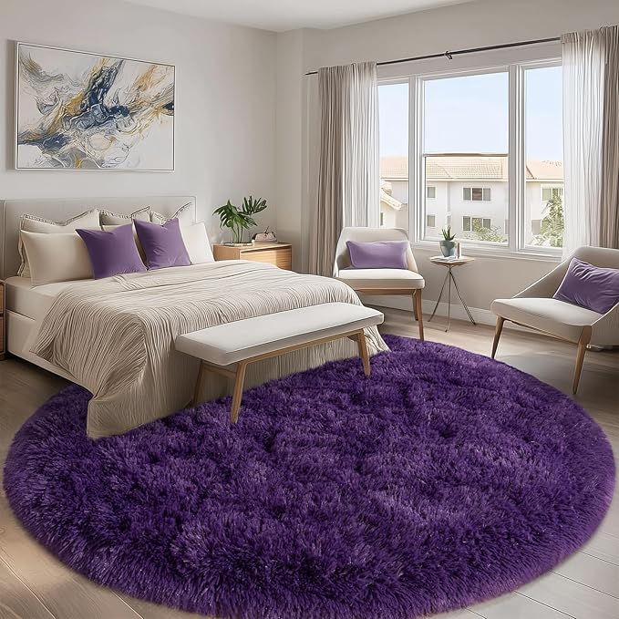 Round Purple Rug for Bedroom, 6 ft Circle Area Rugs for Living Room, Soft Fluffy Shag Carpet for Teen Girls Boys Nursery Room Dorm Home Decor Aesthetic
