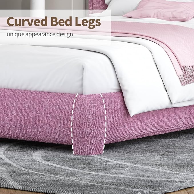 BarnFurin Twin Size Bed Frame, Boucle Upholstered Platform Bed Frame with Headboard, Modern Style, Soft Rounded Corners, No Box Spring Required, Easy Assembly, Rose Pink