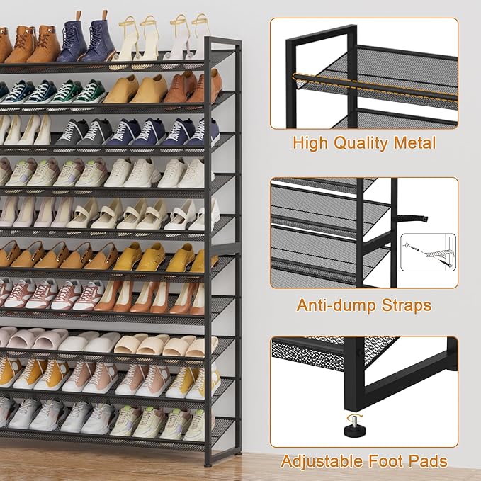 Large Shoe Rack 10 Tier Shoe Organizer, Heavy Duty Metal 5-Tier Stackable Shoe Storage Vertical Shoe Rack for Closet Front Door Entrance, Up to 62 Pairs, 44.8" W x 11.4" D x 71.2" H, Black