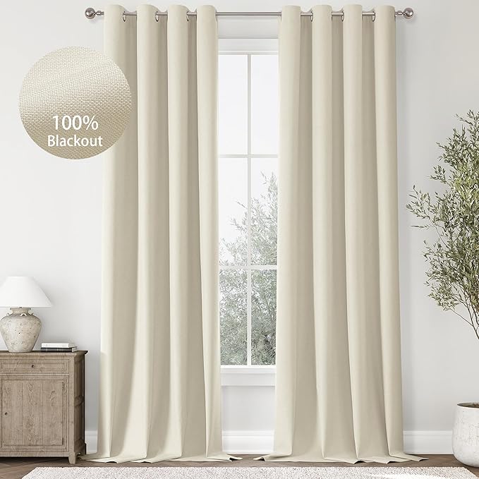 ChrisDowa 100% Blackout Birch Solid Curtains 96 Inches Long 2 Panels for Bedroom Living Room,Farmhouse Room Darkening Thermal Insulated Soundproof Grommet Top Window Treatment Drapes,52x96