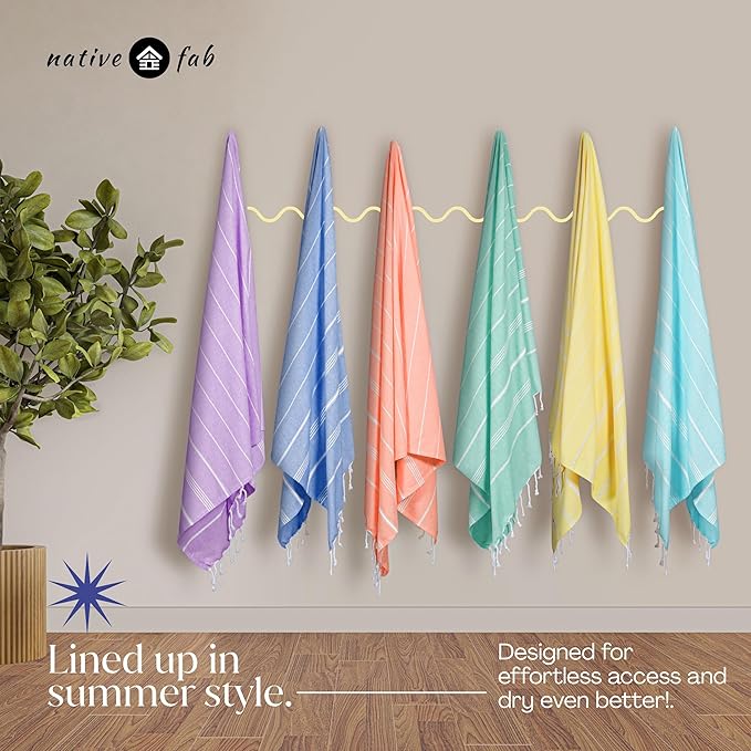 Native Fab Turkish Cotton Beach Towels Set of 6, Oversized 40x71 Inches, Thin & Lightweight, Quick Drying, Sand Resistant, Compact for Travel - Perfect for Summer, Beach, Pool, Spa - Multi 6 Colors