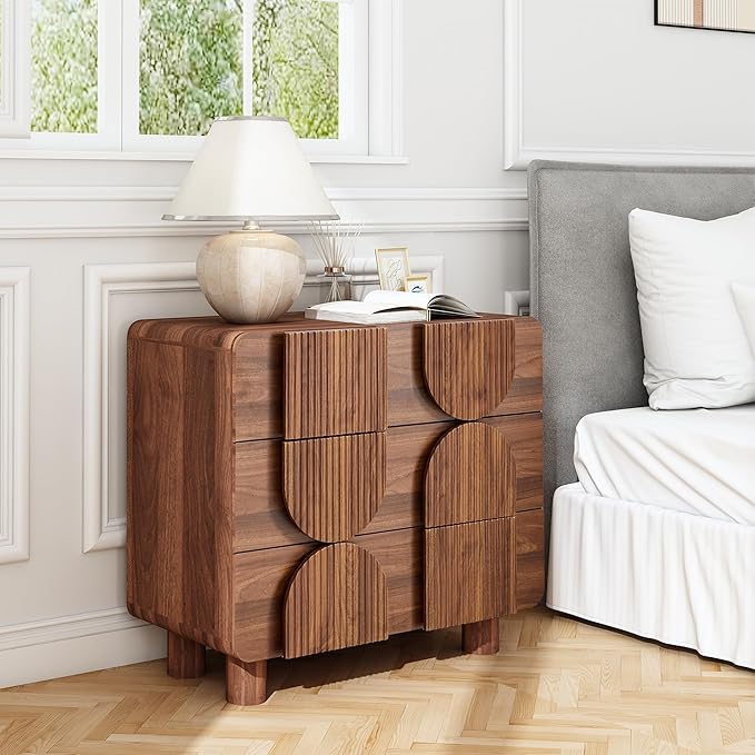 3 Drawer Dressers for Bedroom, 31.5" Wide Large Mid Century Modern Fluted Nightstand, Wood Dresser & Chest of Drawers with Curved Profile for Living Room, Entryway, Hallway, Walnut