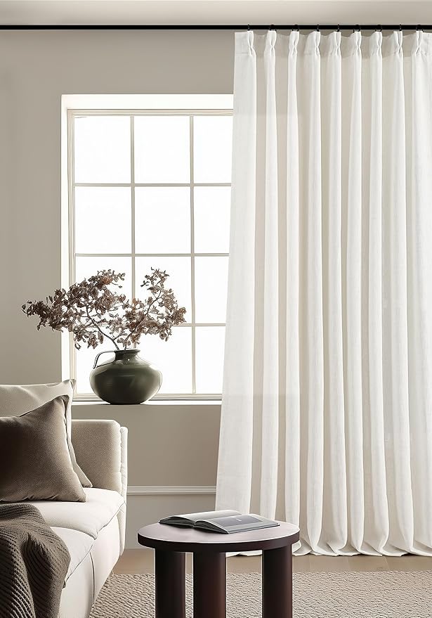 Extra Wide 60 Inch Width Pinch Pleated Curtains 90 Inch Length for Living Room Thick Linen Boho Curtain Memory Shape Light Filtering Privacy for Bedroom Large Windows Hooks Rings Cream 1 Panel 60x90