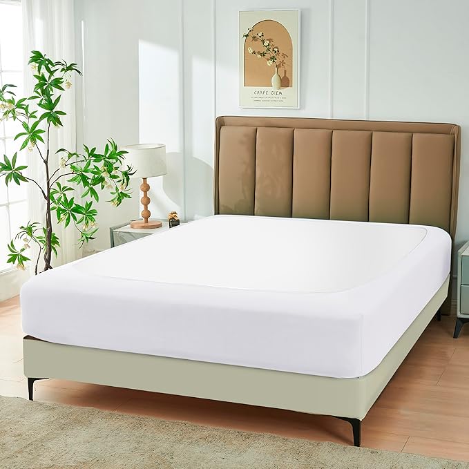 Biscaynebay Decorative Box Spring Cover Twin & Twin XL Size, White Luxurious Jersey Knitting Stretchy Wrap Around 4 Sides Bedskirt for Home/Hotels, Easy Fit Wrinkle Free Machine Washable